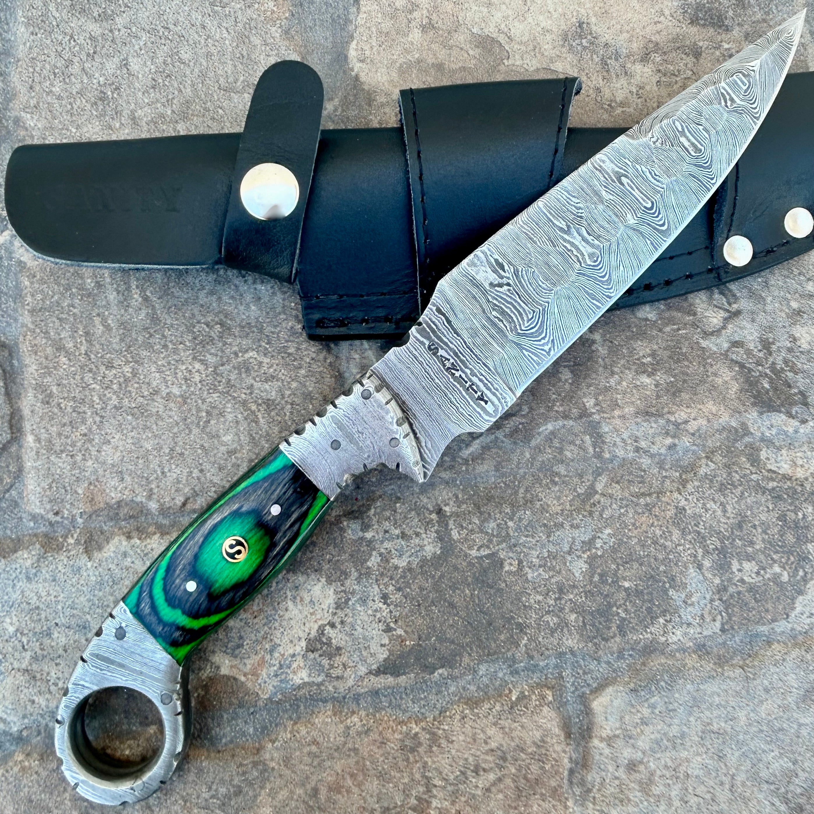 11” Al Capone - Green & Black Wood - Damascus - Horizontal & Vertical