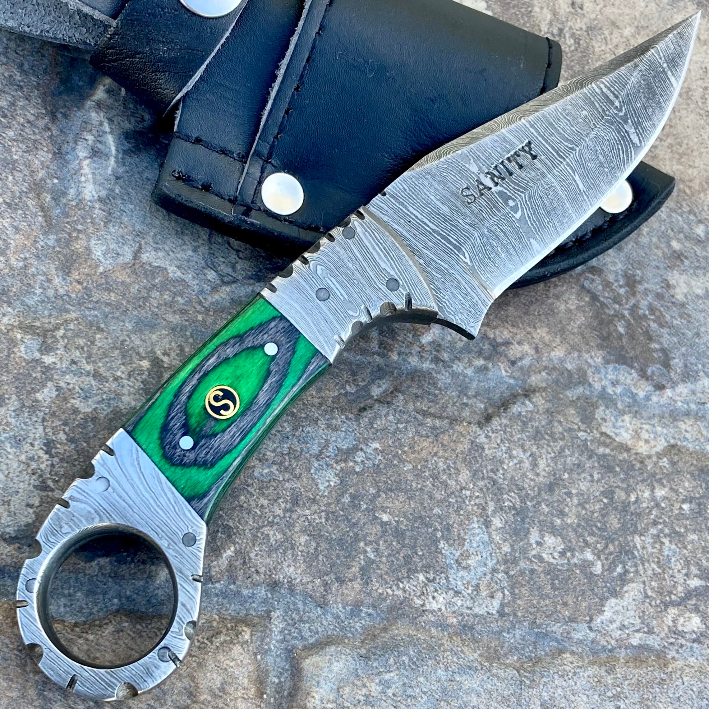 7.5” Al Capone - Green & Black Wood - Damascus - Horizontal & Vertical