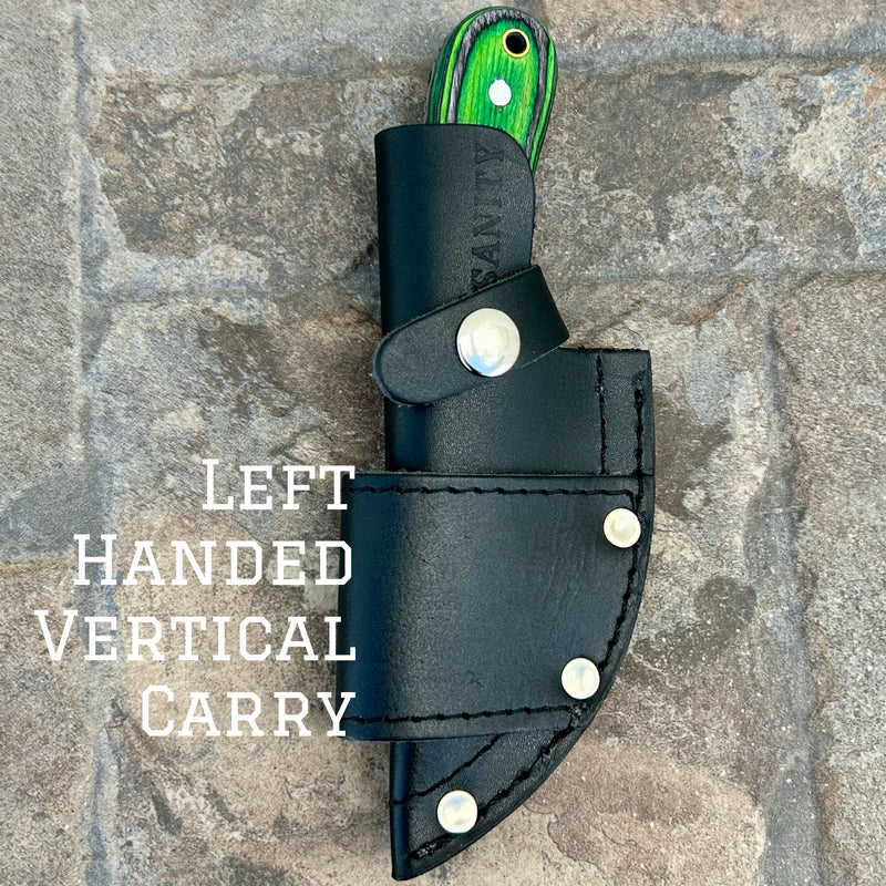 SANITY JEWELRY® Damascus Steel Left Handed Vertical Jesse James - Green & Black Wood - Damascus - Horizontal & Vertical Carry - 7 inches - SKU JJ006
