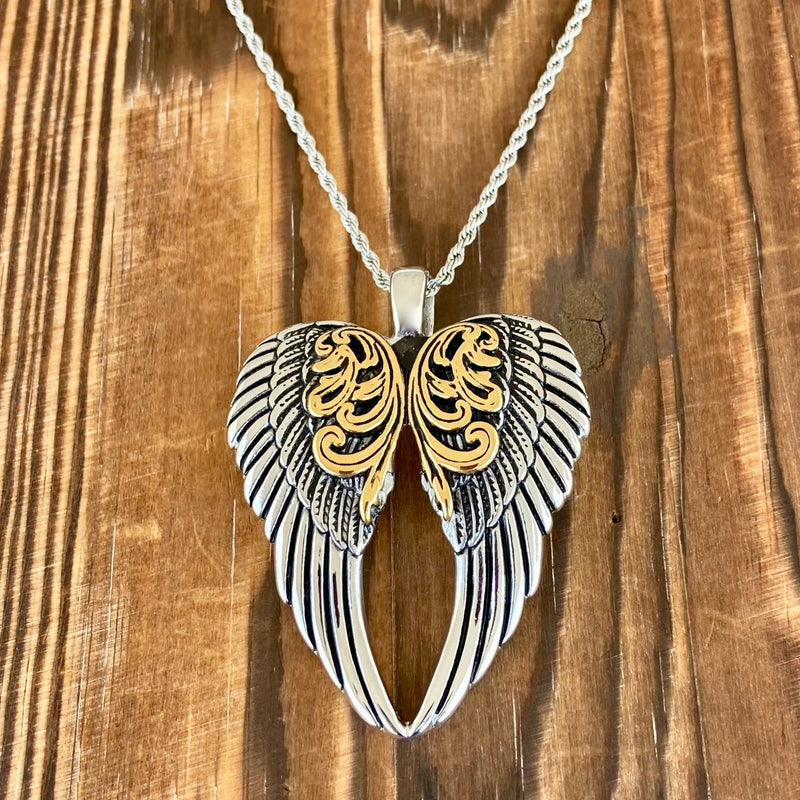 Sanity Jewelry Ladies Necklace 2mm 18” Rope Necklace Angel Heart Wings Pendant - Silver/Gold Wings - Custom - Rope Necklace or Omega - LAP025