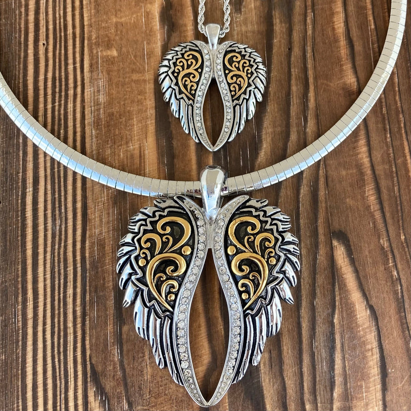 Sanity Jewelry Ladies Necklace Angel Heart Wings Pendant - Silver/Gold Bling Wings - Custom - Rope Necklace - LAP034