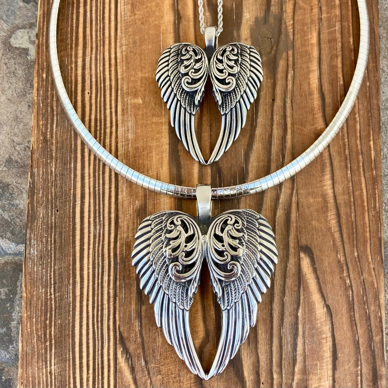 Sanity Jewelry Ladies Necklace Angel Heart Wings Pendant - Silver Wings - Classic - Rope Necklace or Omega - LAP026