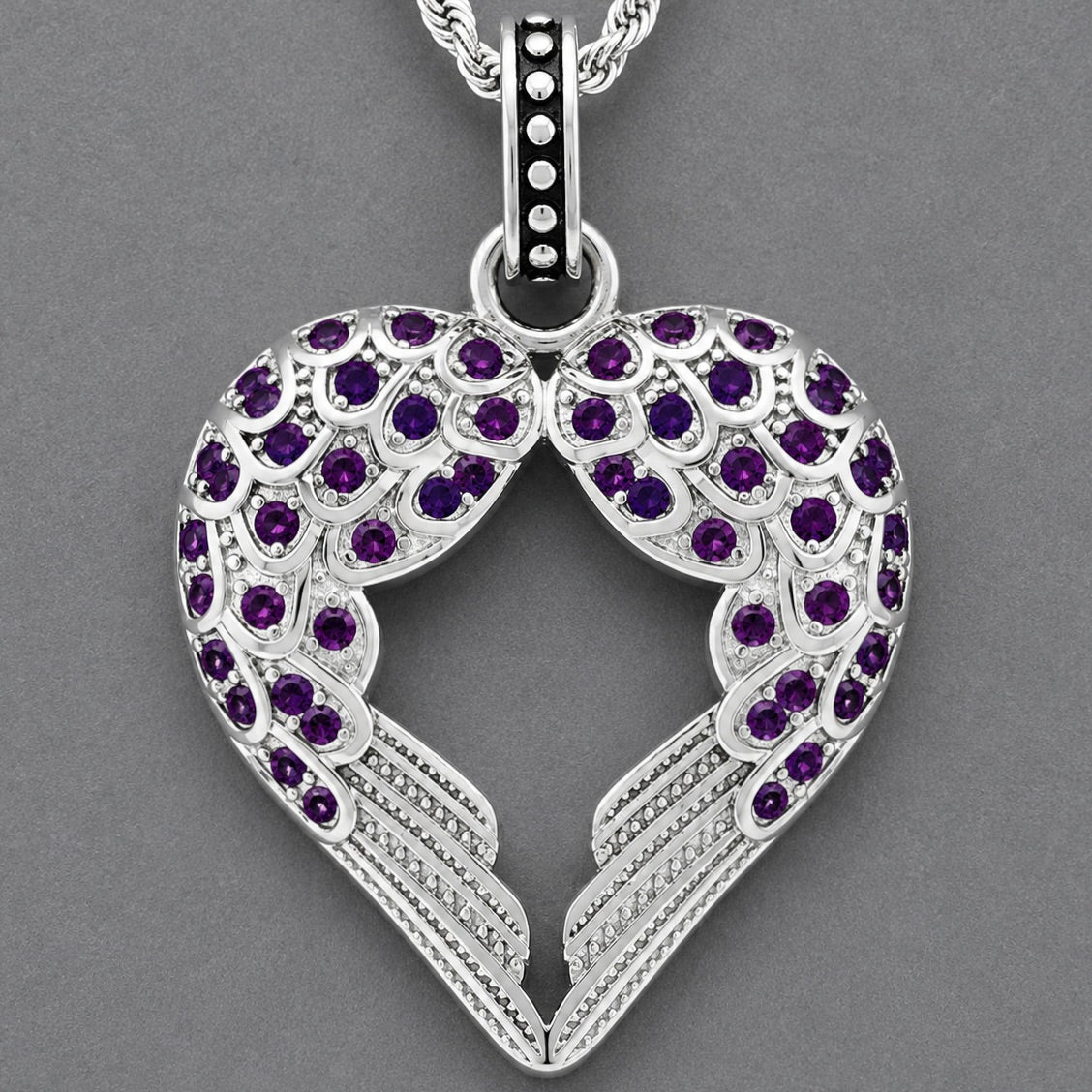 Angel Heart Wings Pendant - Silver W/Purple Stone - Rope Necklace or O