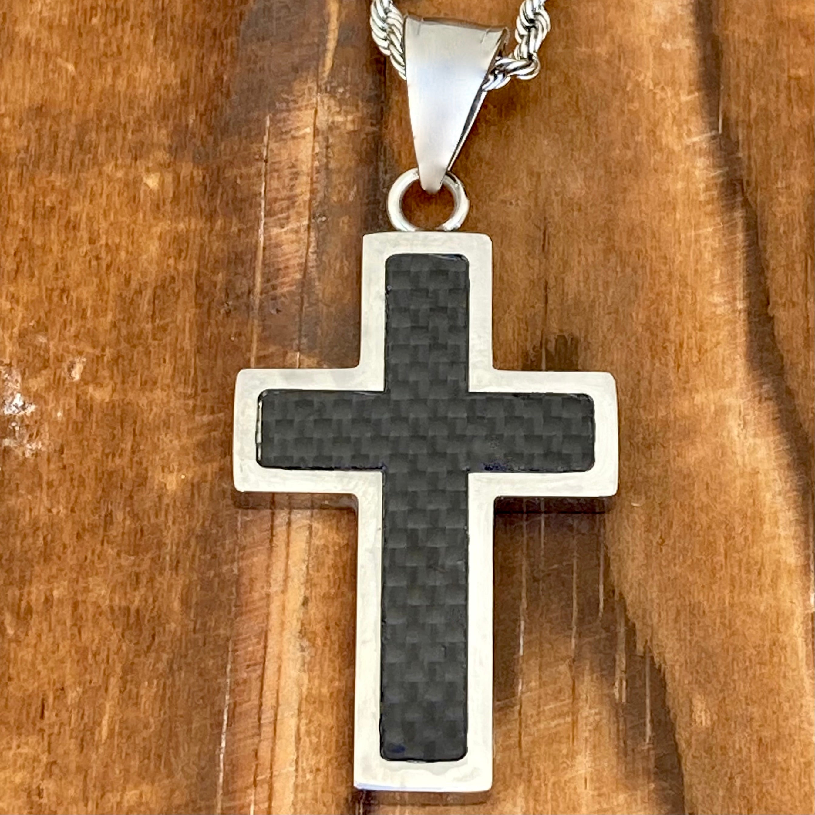 Cross - Small Black Carbon Fiber & Silver Pendant - Necklace (718)