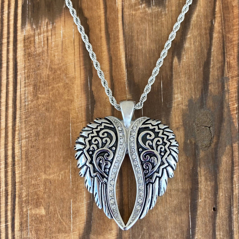 Sanity Jewelry Necklace 2mm 16” Rope Necklace Angel Heart Wings Pendant - Silver Bling Wings - Custom - Rope Necklace - LAP036