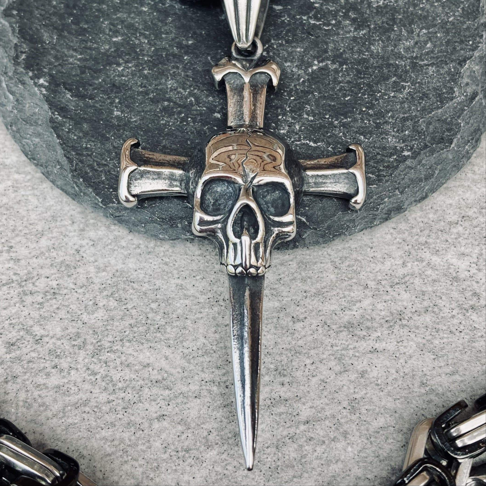 Sanity's Spike Cross W/Skull Pendant - Necklace (733)