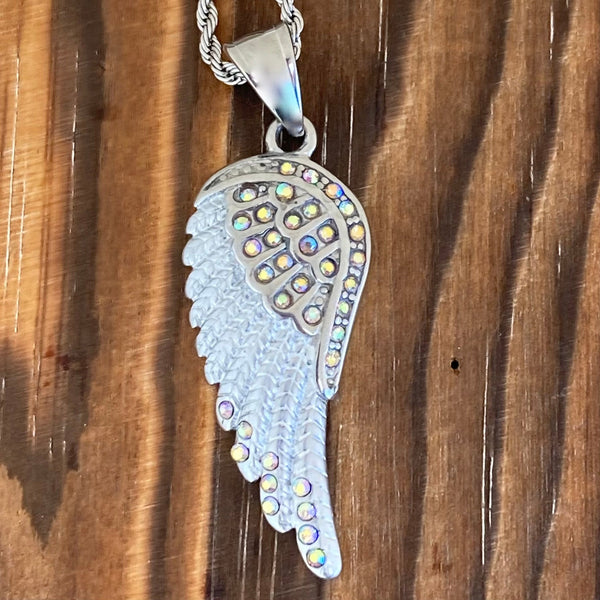 Sanity Jewelry Pendant 4mm 16” Rope Necklace Angel Wings Crystal Pendant - Rope Necklace or Omega - Rainbow Stones - SK2254