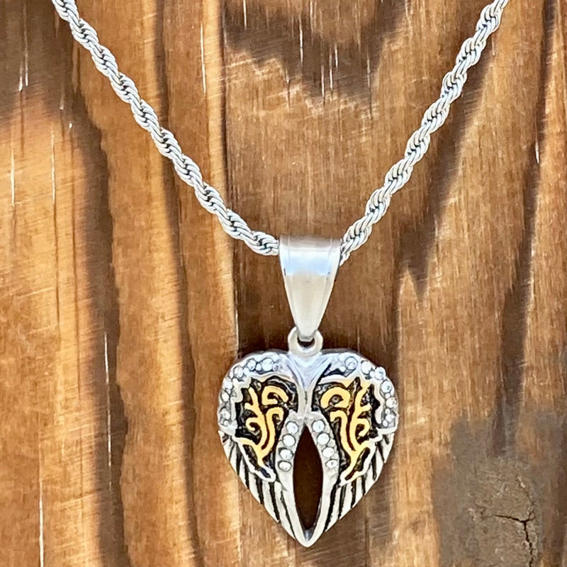 Sanity Jewelry Pendant Angel Wing Heart Mini - Pendant - Rope Necklace - Silver & Gold Bling - LAP034C