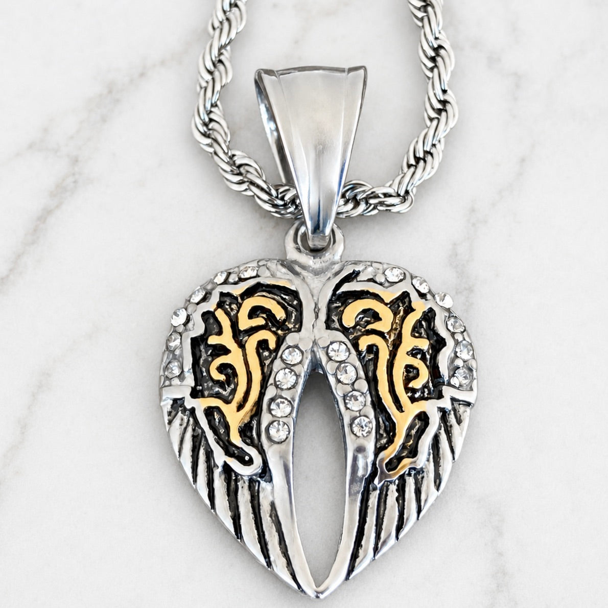 Angel Wing Heart Mini - Pendant - Rope Necklace - Gold & Silver W/Whit