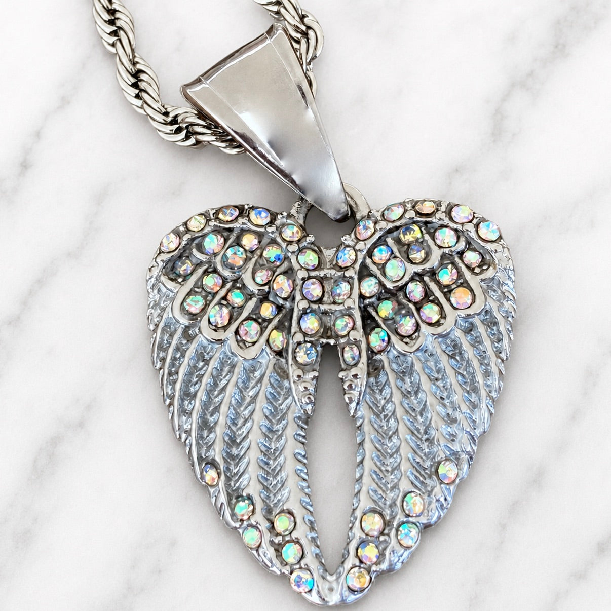 Angel Wing Heart Mini - Pendant - Rope Necklace - White W/Rainbow Ston