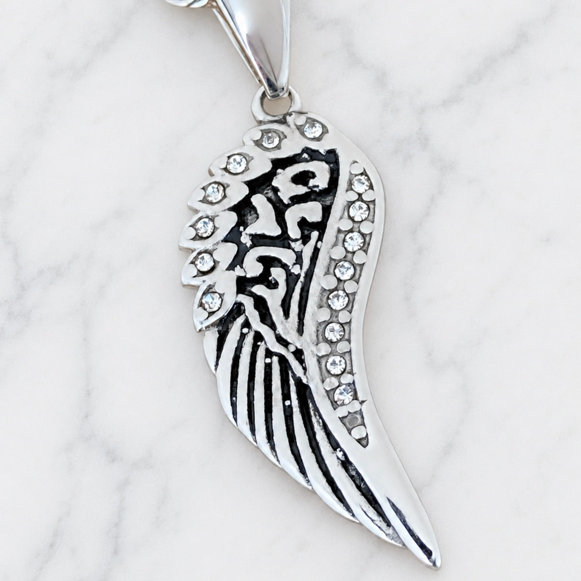 Angel Wings Mini - Pendant - Rope Necklace - Silver W/White Stones - S