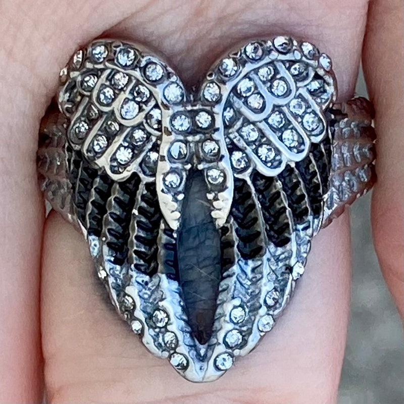 Sanity Jewelry Skull Ring Angel Heart Wing Ring - Black w/White Stones - Sizes 4-12 - R245