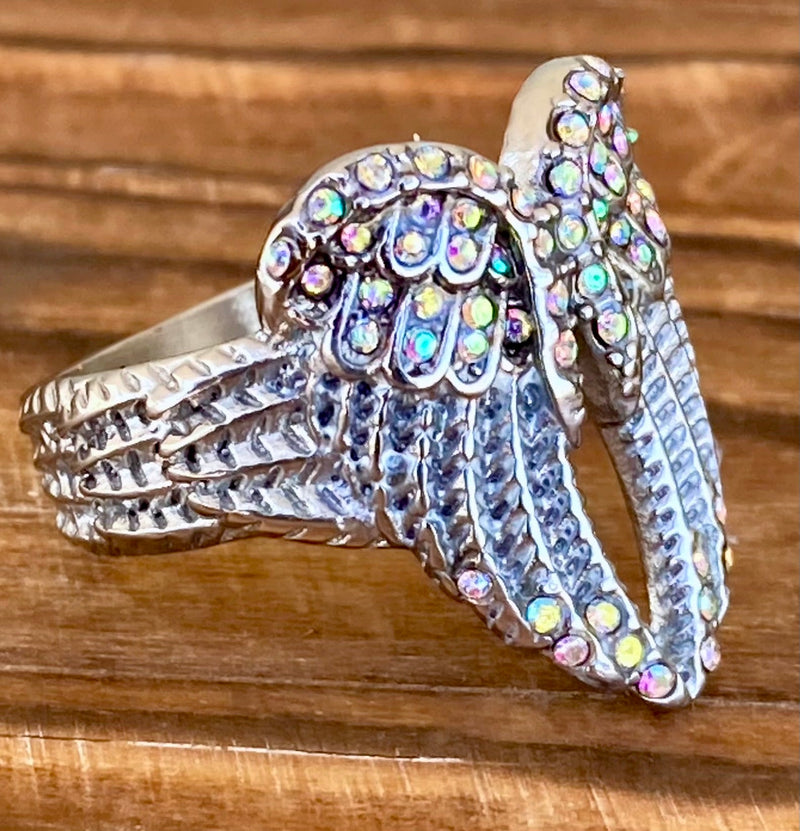 Sanity Jewelry Skull Ring Angel Heart Wing Ring - Rainbow Stone - Sizes 4-12 - R249