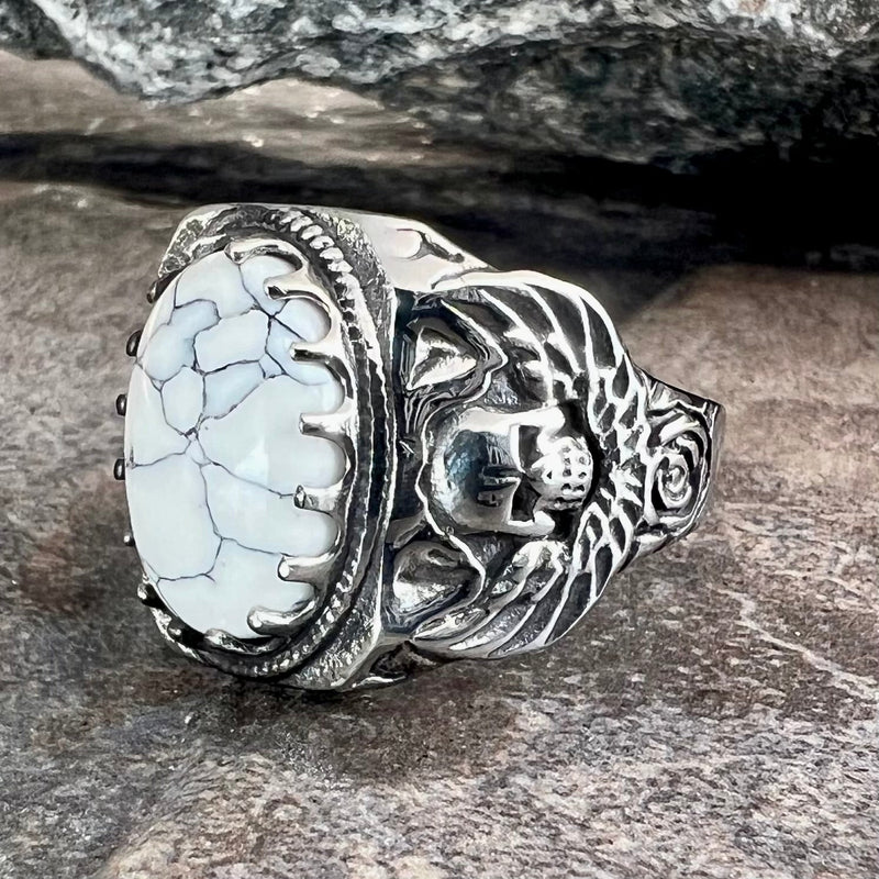 Sanity Jewelry Skull Ring "White Stone" - Skull & Angel Wings - R137