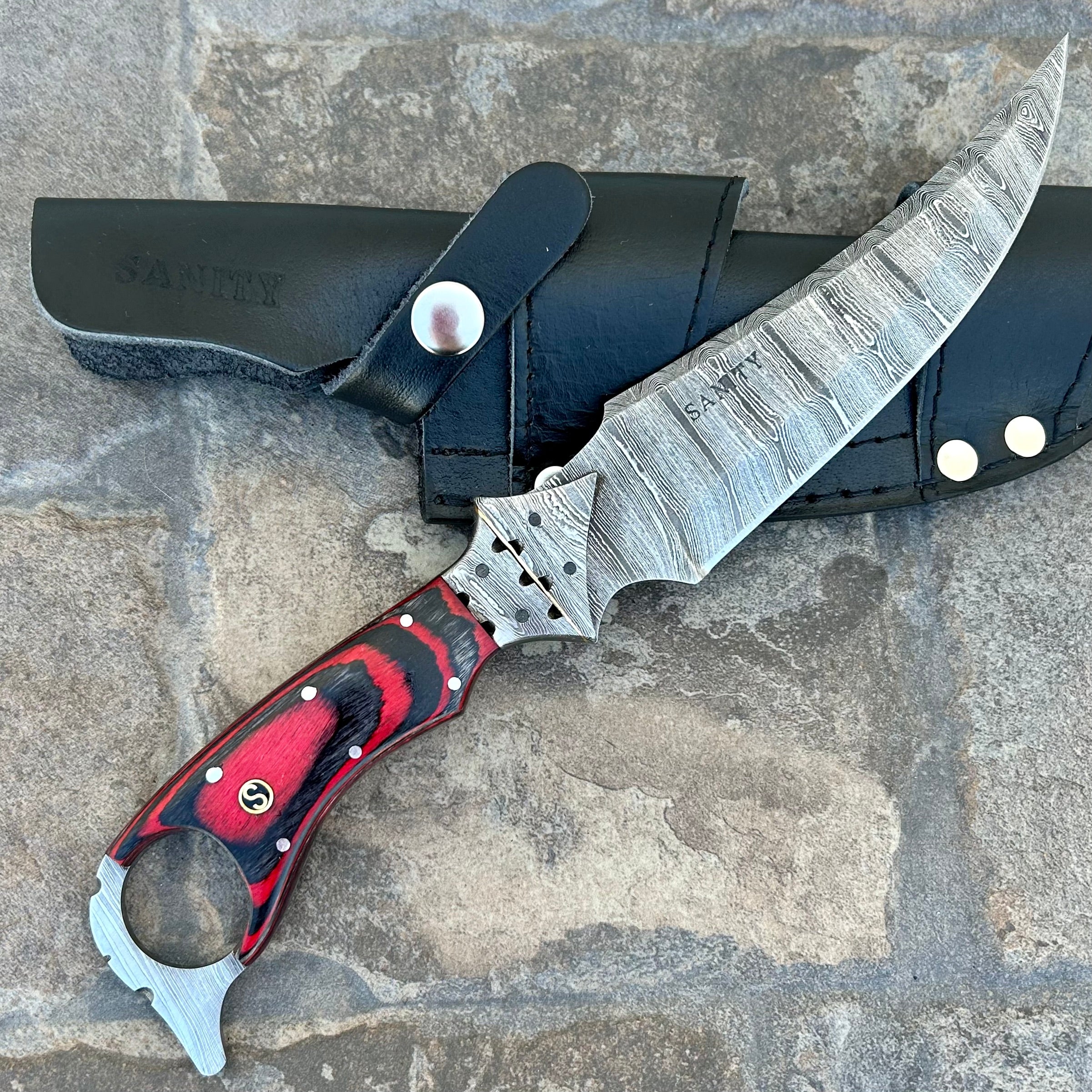 11” John Dillinger - Red & Black Wood - Damascus - Horizontal & Vertic