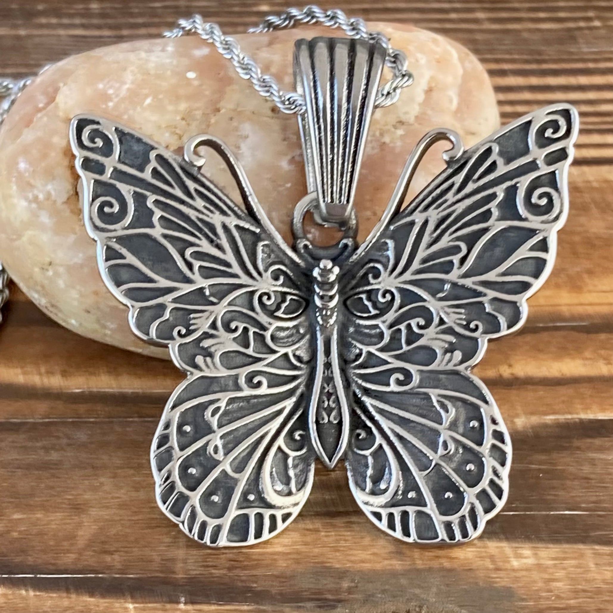 Stainless Steel - Scrollwork Butterfly Pendant - Classic Rope Necklace or Omega - PEN304 Pendant Only