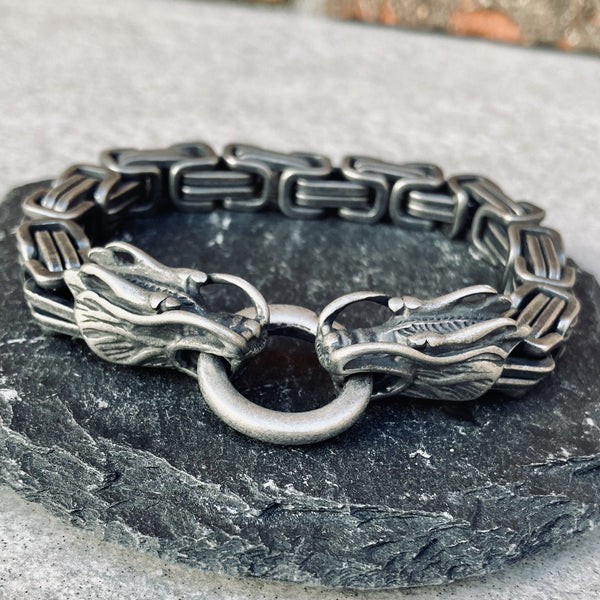 Bracelet - 2 Dragon Head Daytona - Galvanized - Deluxe - B80 Biker Jewelry Skull Jewelry Sanity Jewelry Stainless Steel jewelry