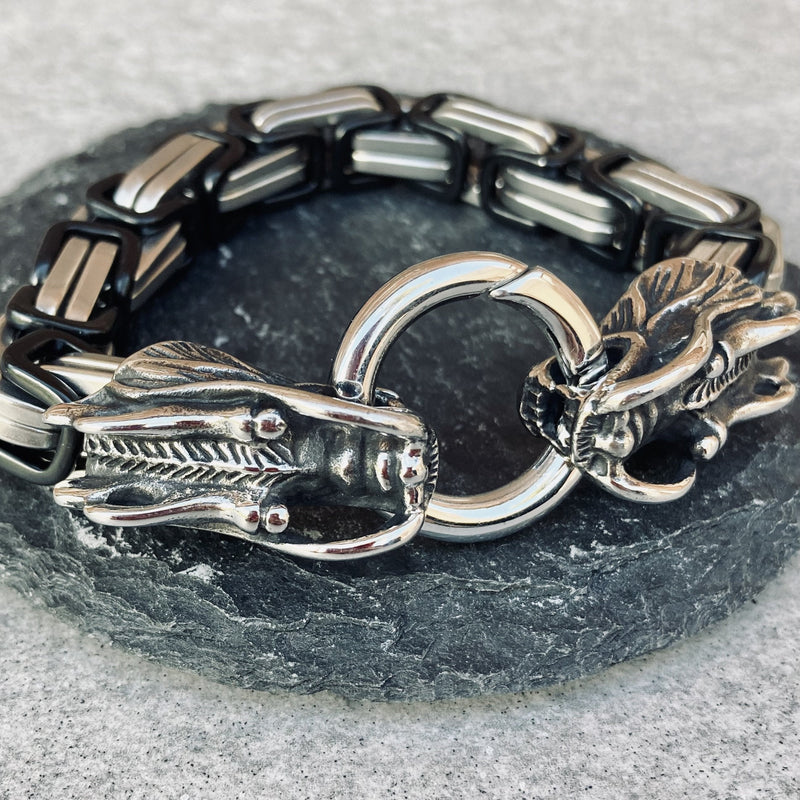 Bracelet - 2 Dragons Head Daytona - Black and Silver Stainless - Heritage - B82 Biker Jewelry Skull Jewelry Sanity Jewelry Stainless Steel jewelry