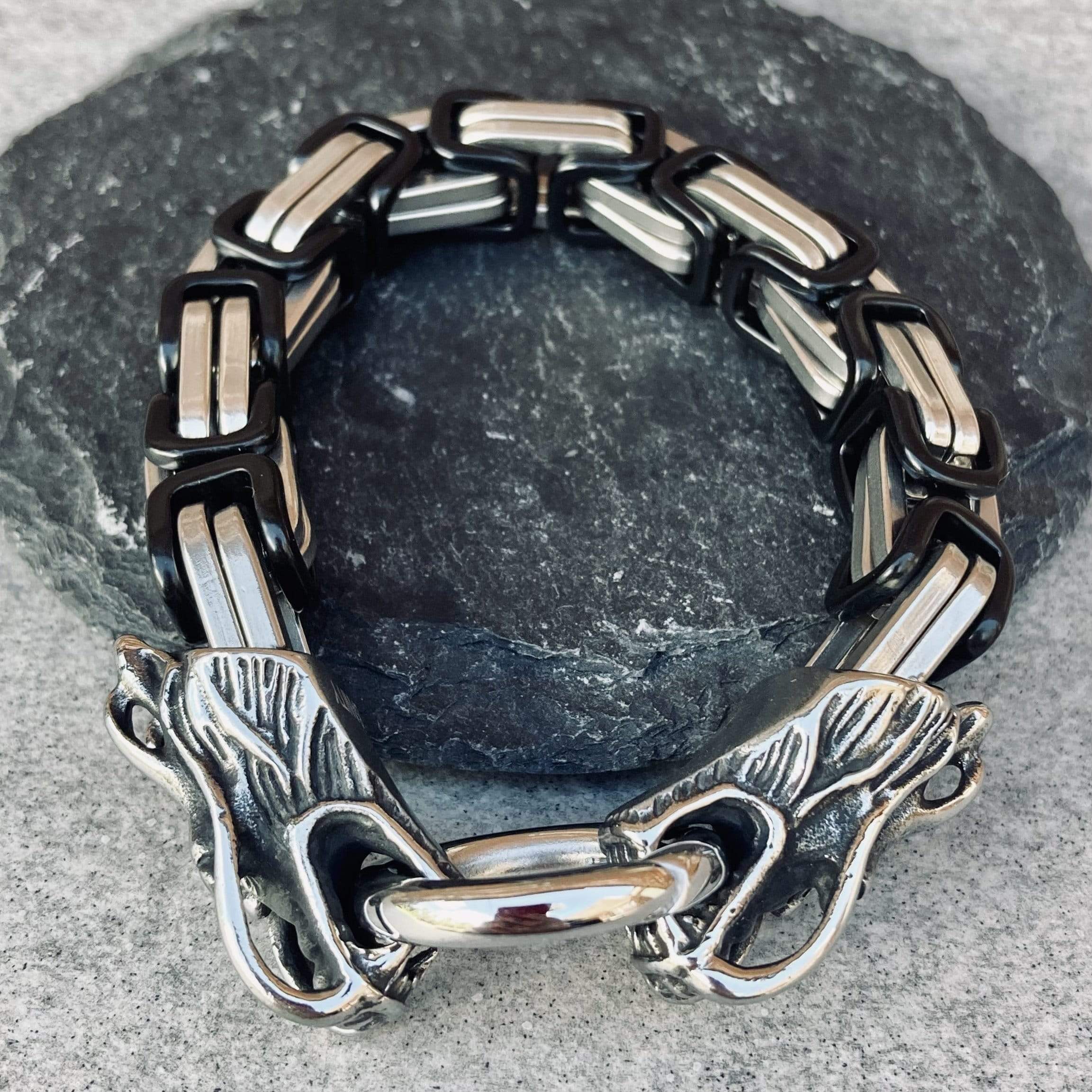 2 Dragon Head Bracelet - Silver & Black - Heritage - B82 Clearance 9 Inches