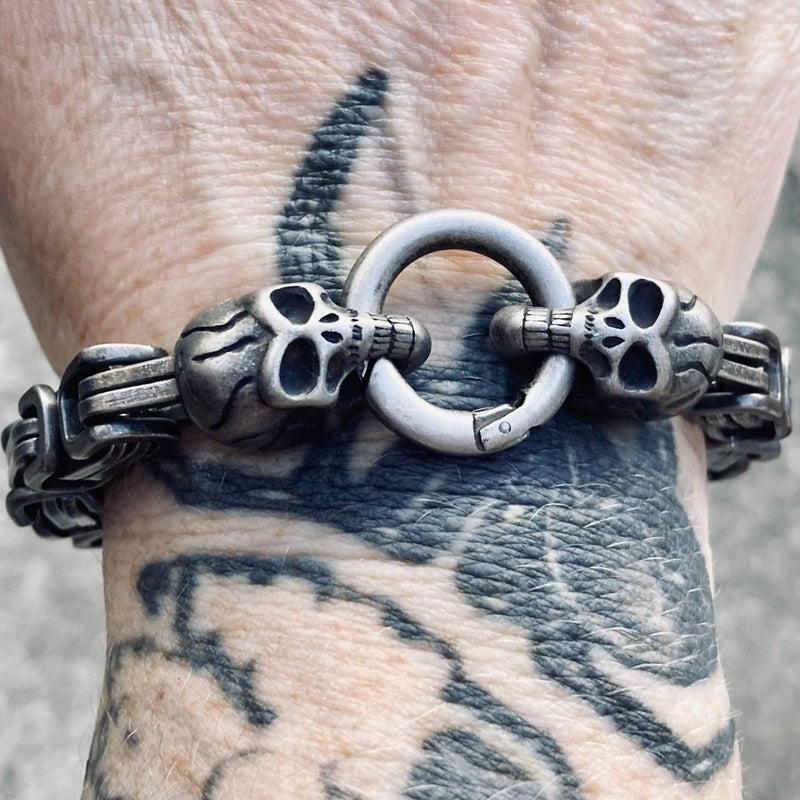 Bracelet - 2 Skull Daytona - Galvanized - Deluxe - B84 Biker Jewelry Skull Jewelry Sanity Jewelry Stainless Steel jewelry