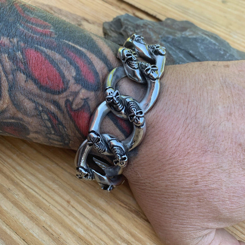 Bagger Bracelet - Skull ChainGang - Classic - 1.25" Wide - B34 Bracelet Biker Jewelry Skull Jewelry Sanity Jewelry Stainless Steel jewelry