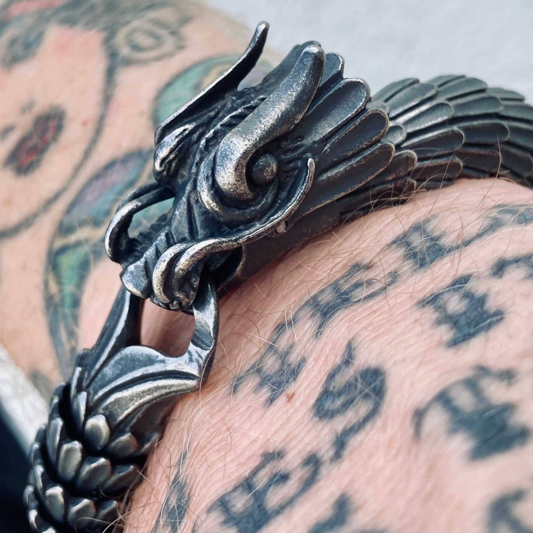 Men's Sterling Silver and Leather Dragon Bracelet - Dragon Pattern