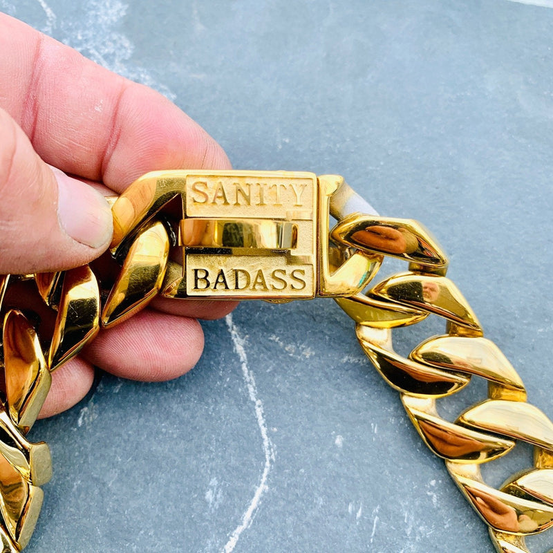 "Dog Collar -Gold" - Sanity's BadAss Custom - 1" wide - Lengths 18, 20, 22  & 24" D83 Dog Collar / Dog Chain Biker Jewelry Skull Jewelry Sanity Jewelry Stainless Steel jewelry