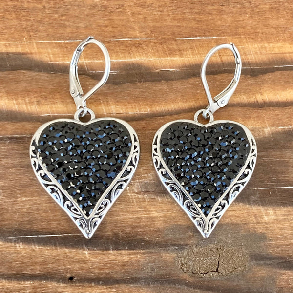 Sanity Jewelry Earrings Crystal Heart Earrings - Black - Lever Back - AJ2LE