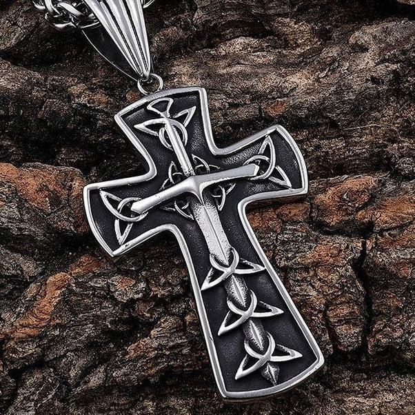 Cross - Triquetra Cross Pendant - Necklace (693) 22” Black & Silver