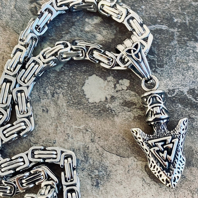 Sanity Jewelry Pendant 22” Silver "Sanity's Combo" - Viking - Arrow Head W/Valknut Compass Pendant & Necklace (PEN813)