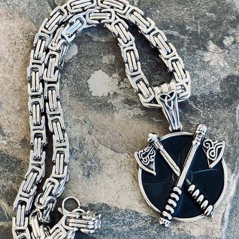 Sanity Jewelry Pendant 22” Silver "Sanity's Combo" - Viking - Vikin Cross Axes Compass Pendant & Necklace (PEN811)