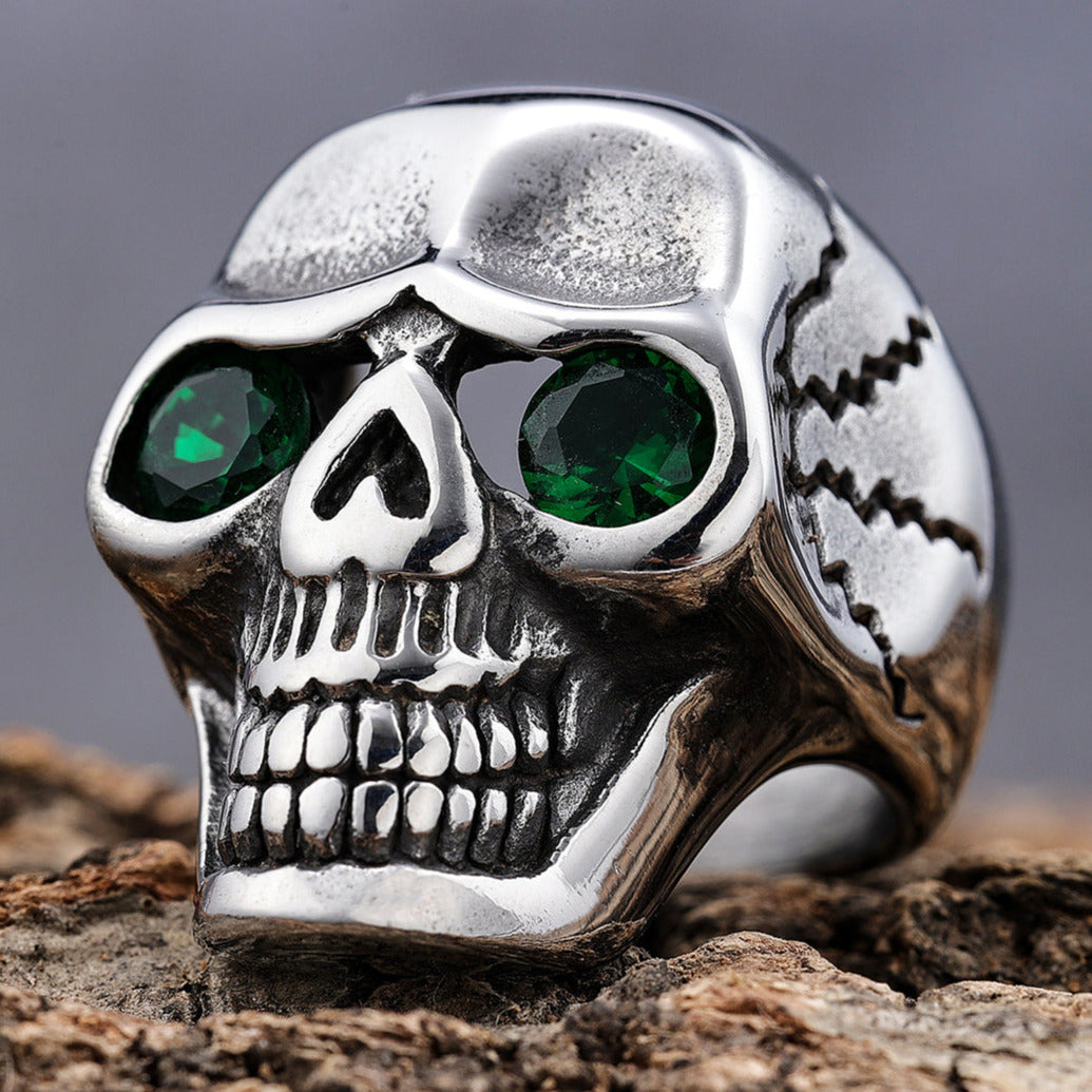 Stainless Steel Skull Ring Jewelry Captain Jack's Green Eye Skull