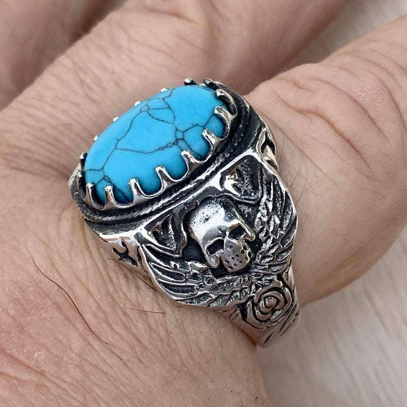 "Turquoise Ring Collection" -  Skull & Angel Wings - Sizes 11-16 - R105 Ring Biker Jewelry Skull Jewelry Sanity Jewelry Stainless Steel jewelry