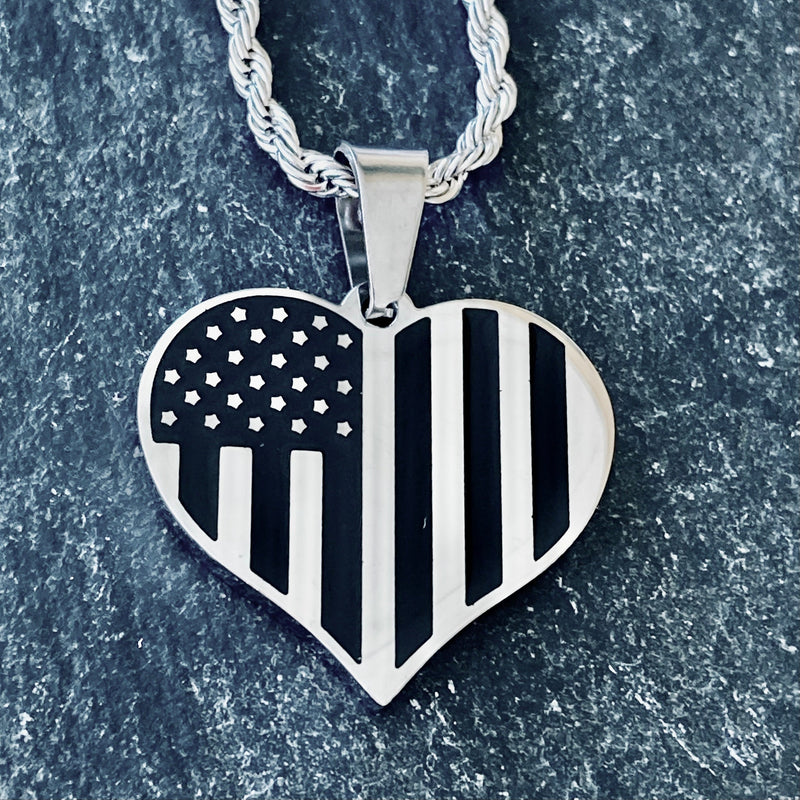 Sanity Jewelry 2mm 16” Rope Necklace American Flag Heart - Black & Silver Pendant - Rope Necklace or Omega - PEN777