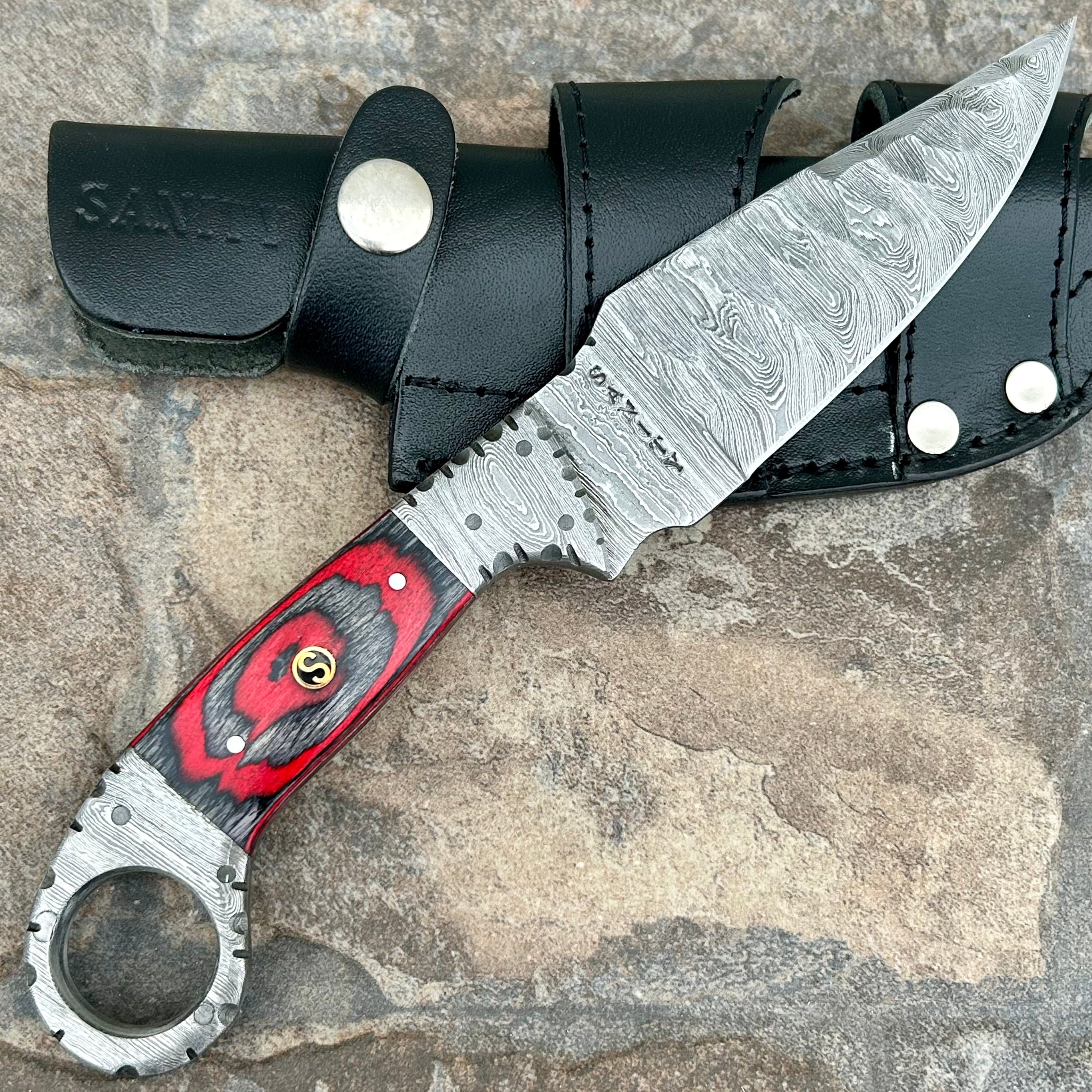 Red Capone 9” Al Capone - Red & Black Wood - Damascus - Horizontal & Vertical Car