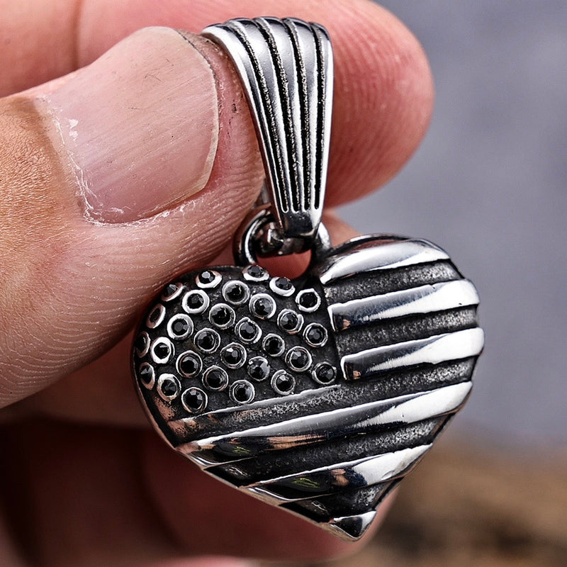 Sanity Jewelry American Flag Heart - 3D Stainless - Pendant - Rope Necklace or Omega - 303
