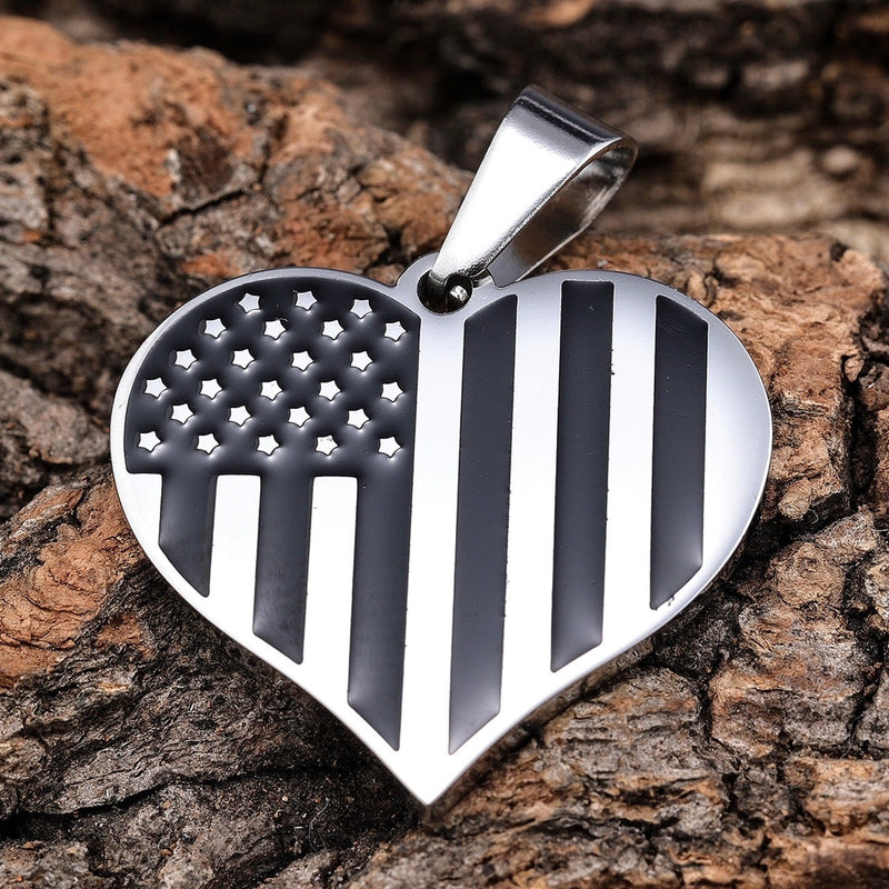 Sanity Jewelry American Flag Heart - Black & Silver Pendant - Rope Necklace or Omega - PEN777