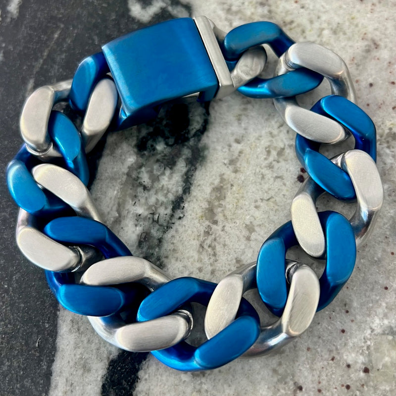 Sanity Jewelry Bracelet 8 inches NEW - Bagger Bracelet - "EASY BIKER" - Blue/Silver - 3/4 Inch wide - B161