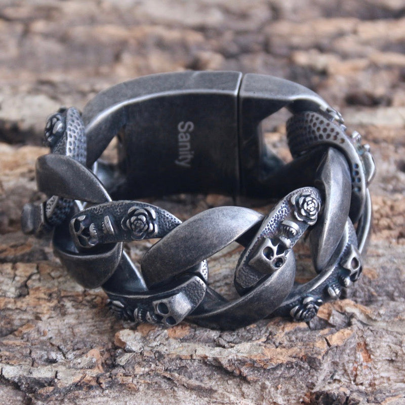 Sanity Jewelry Bracelet Bagger Bracelet - Skull & Roses - Classic - 1.25" Wide - B99