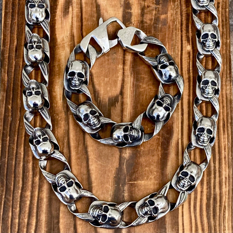 SANITY JEWELRY® Bracelet, necklace 22 inches / 7.5 Inches Bundle Necklace & Bracelet Combo - Road Warrior Skull - Links Made of Skulls