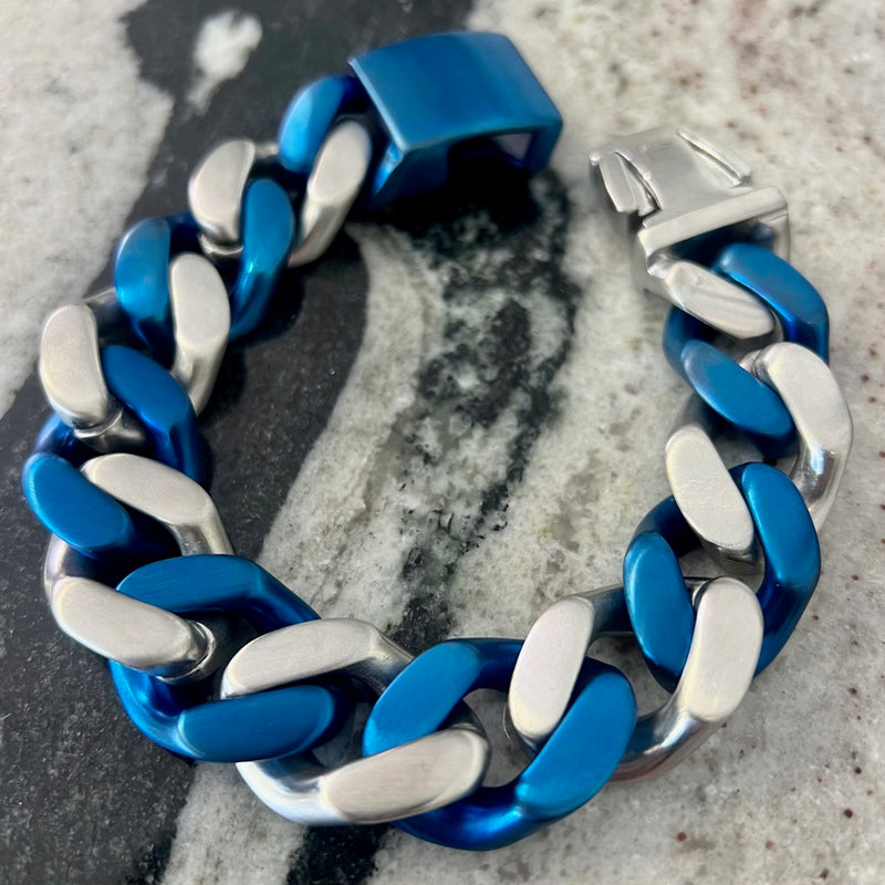 Sanity Jewelry Bracelet NEW - Bagger Bracelet - "EASY BIKER" - Blue/Silver - 3/4 Inch wide - B161