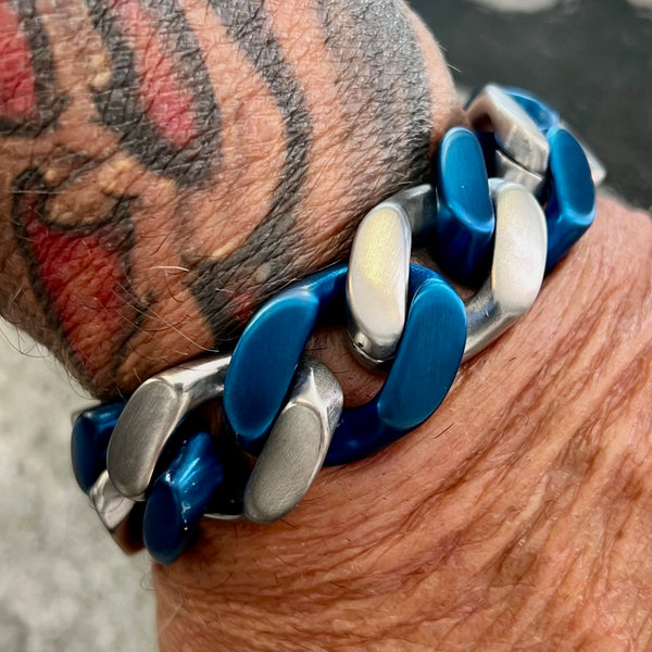 Sanity Jewelry Bracelet NEW - Bagger Bracelet - "EASY BIKER" - Blue/Silver - 3/4 Inch wide - B161