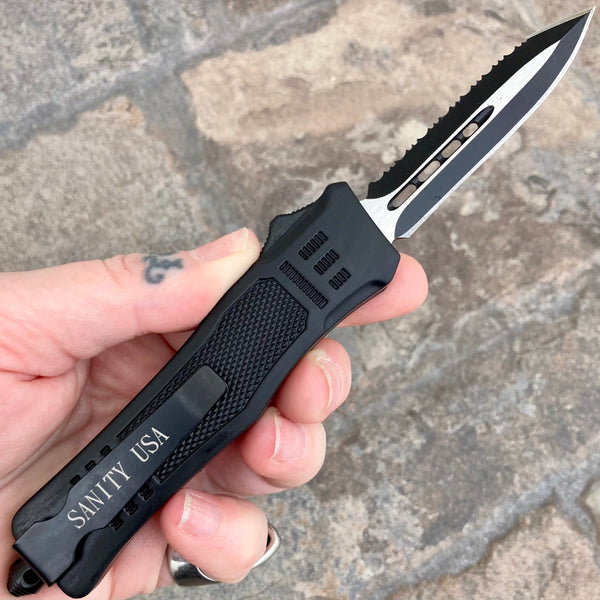 SANITY JEWELRY® D2 Steel 7” Frank Nitti Small - "Prohibition Series" - Double Sided Serrated Black - SMDBLSR