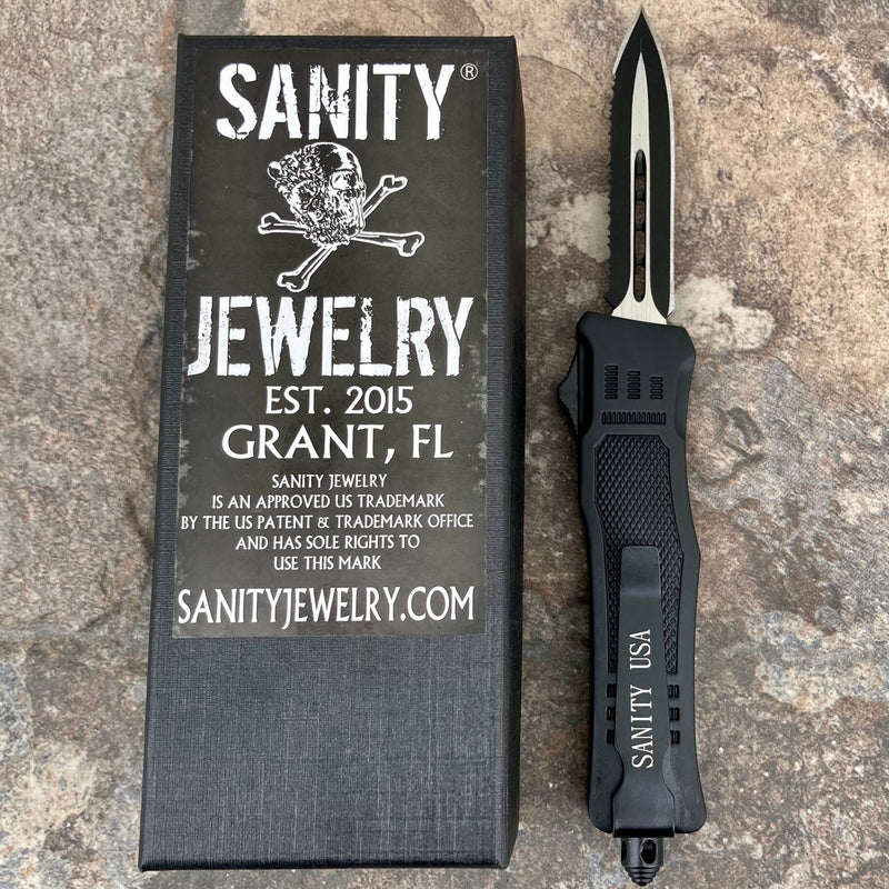 SANITY JEWELRY® D2 Steel 7” Frank Nitti Small - "Prohibition Series" - Double Sided Serrated Black - SMDBLSR