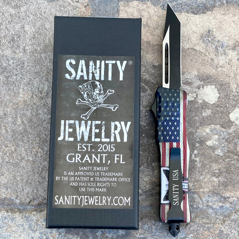 SANITY JEWELRY® D2 Steel 7” Frank Nitti Small - "Prohibition Series" - Tanto Smooth Skull Flag - SPUNT
