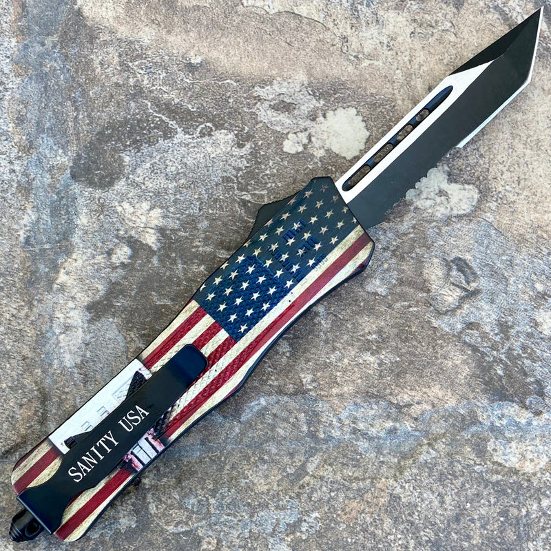 SANITY JEWELRY® D2 Steel 8.5” Frank Nitti Medium - "Prohibition Series" - Tanto Serated Skull Flag - MPUNTS