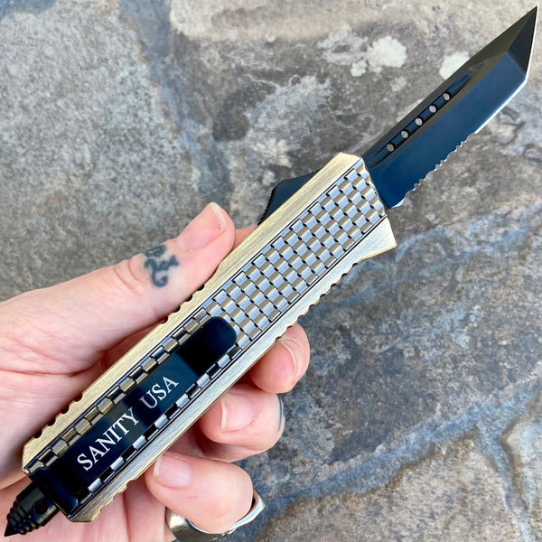 SANITY JEWELRY® D2 Steel 8" Frank Nitti Medium - "Prohibition Series" - Tanto Serrated Brass - MBRTR