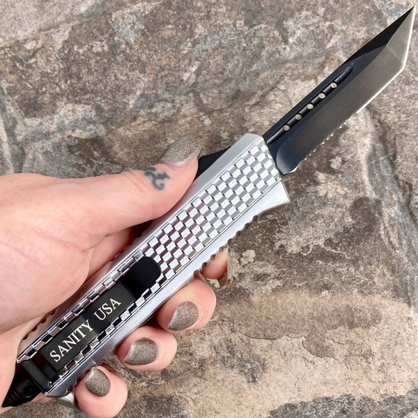 SANITY JEWELRY® D2 Steel 8" Frank Nitti Medium Titanium Plated - "Prohibition Series" - Tanto Serrated Chrome - MCTR