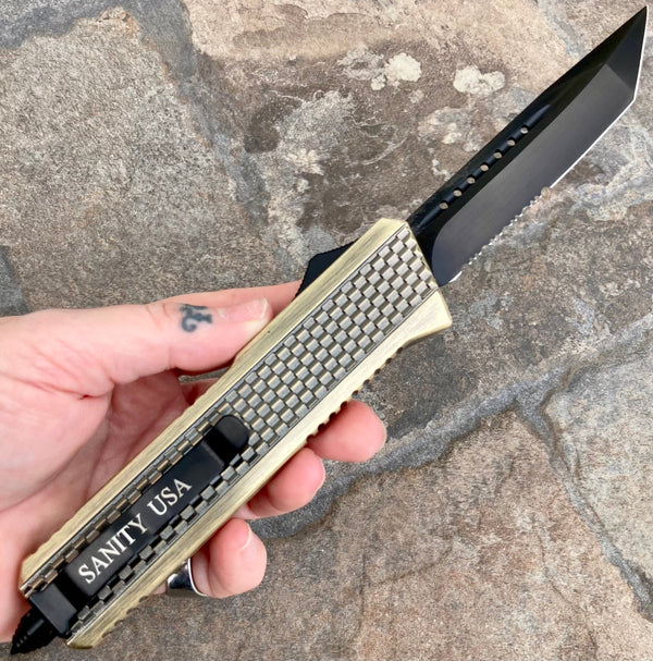 SANITY JEWELRY® D2 Steel 9.5" Frank Nitti Large - "Chicago Series" - Tanto Serrated Brass - LBRATSR