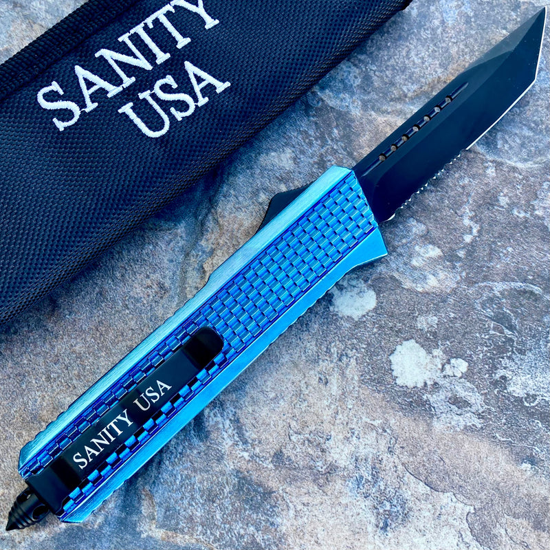 SANITY JEWELRY® D2 Steel 9.5" Frank Nitti Large - "Prohibition Series" - Tanto Serrated Blue - LBTR